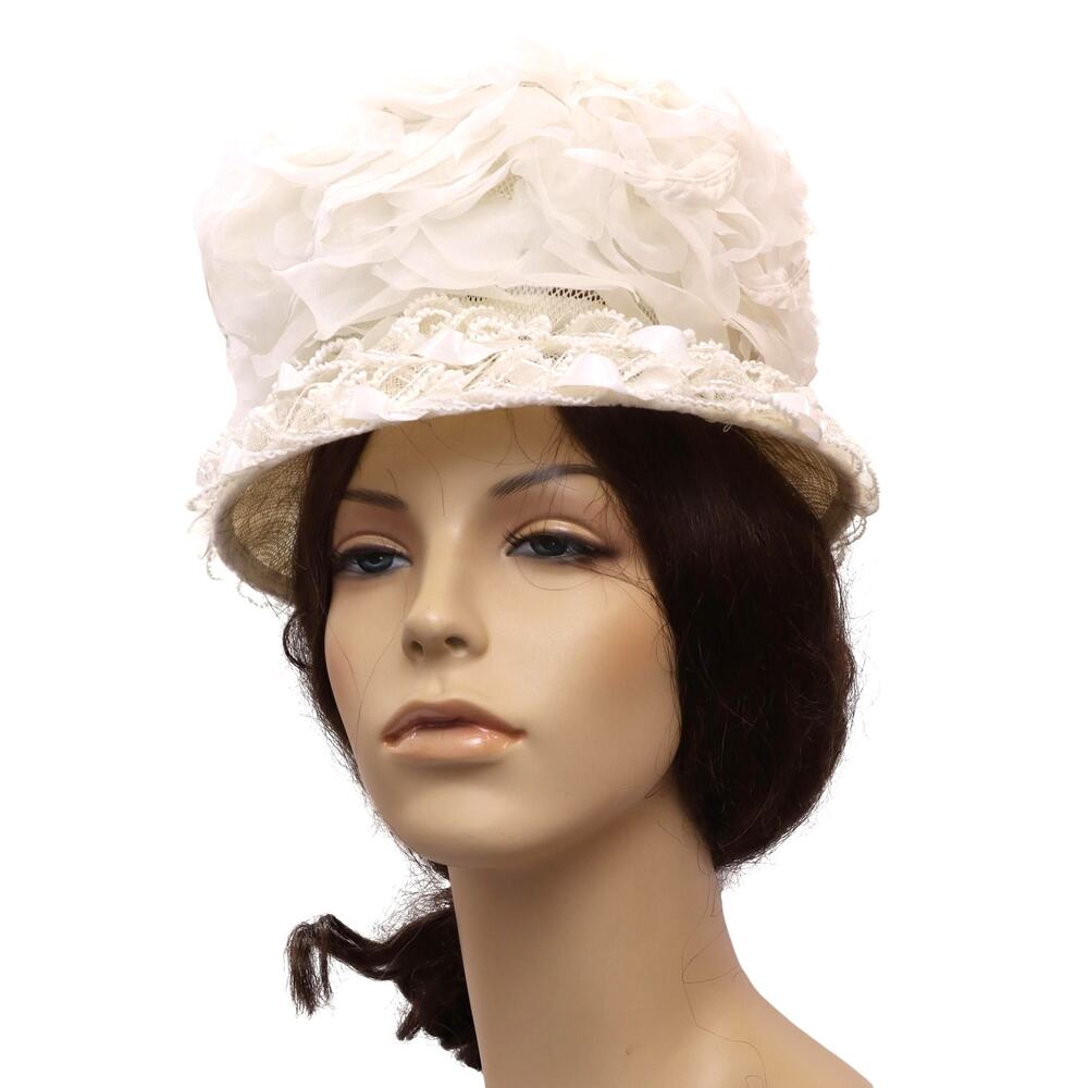 Vintage 50s White Chiffon Floral Brim Hat Union Label Formal